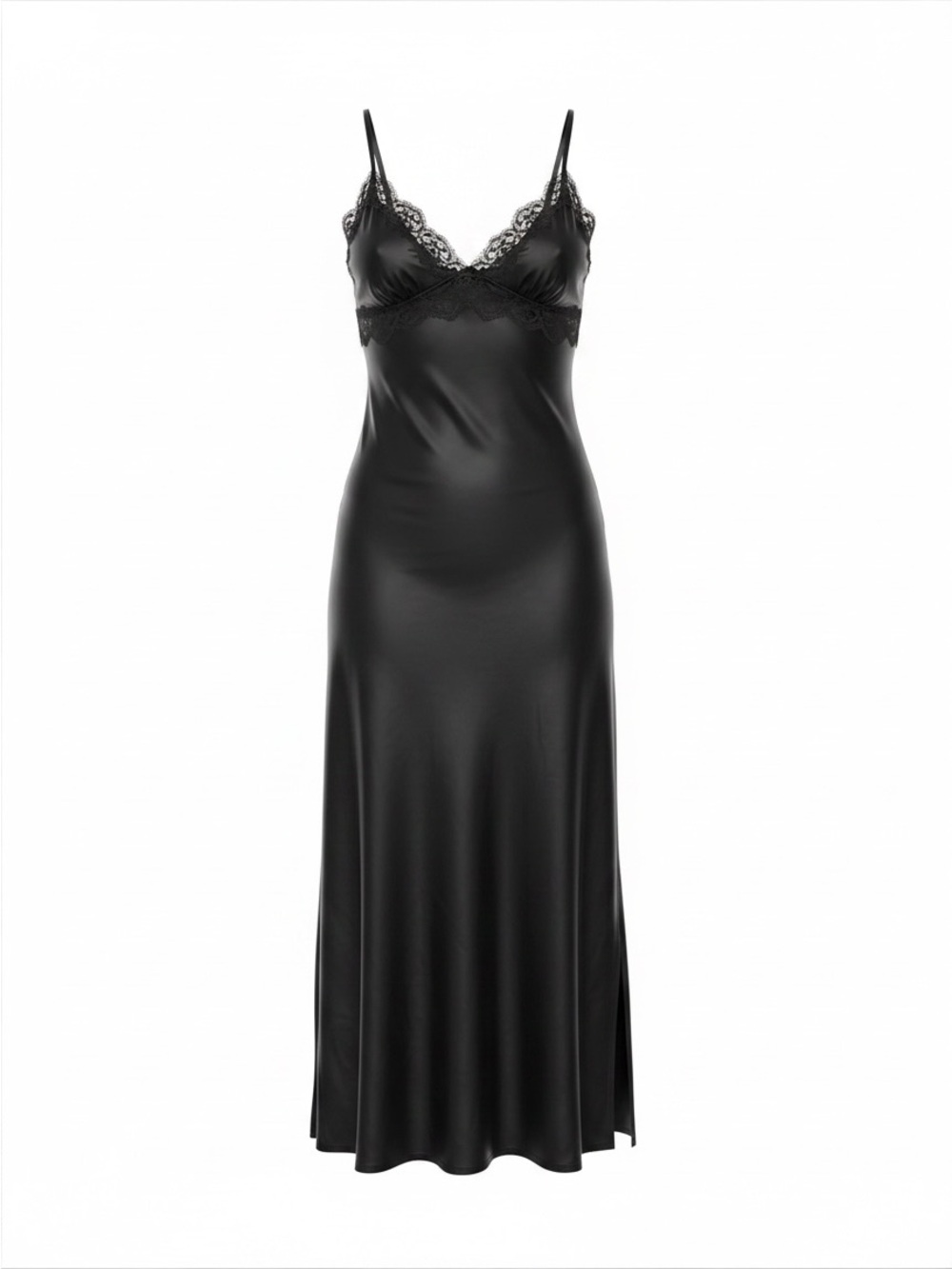 Victoria's Secret Black Satin Lace-Trim and sequin appliqué high slit Slip Gown